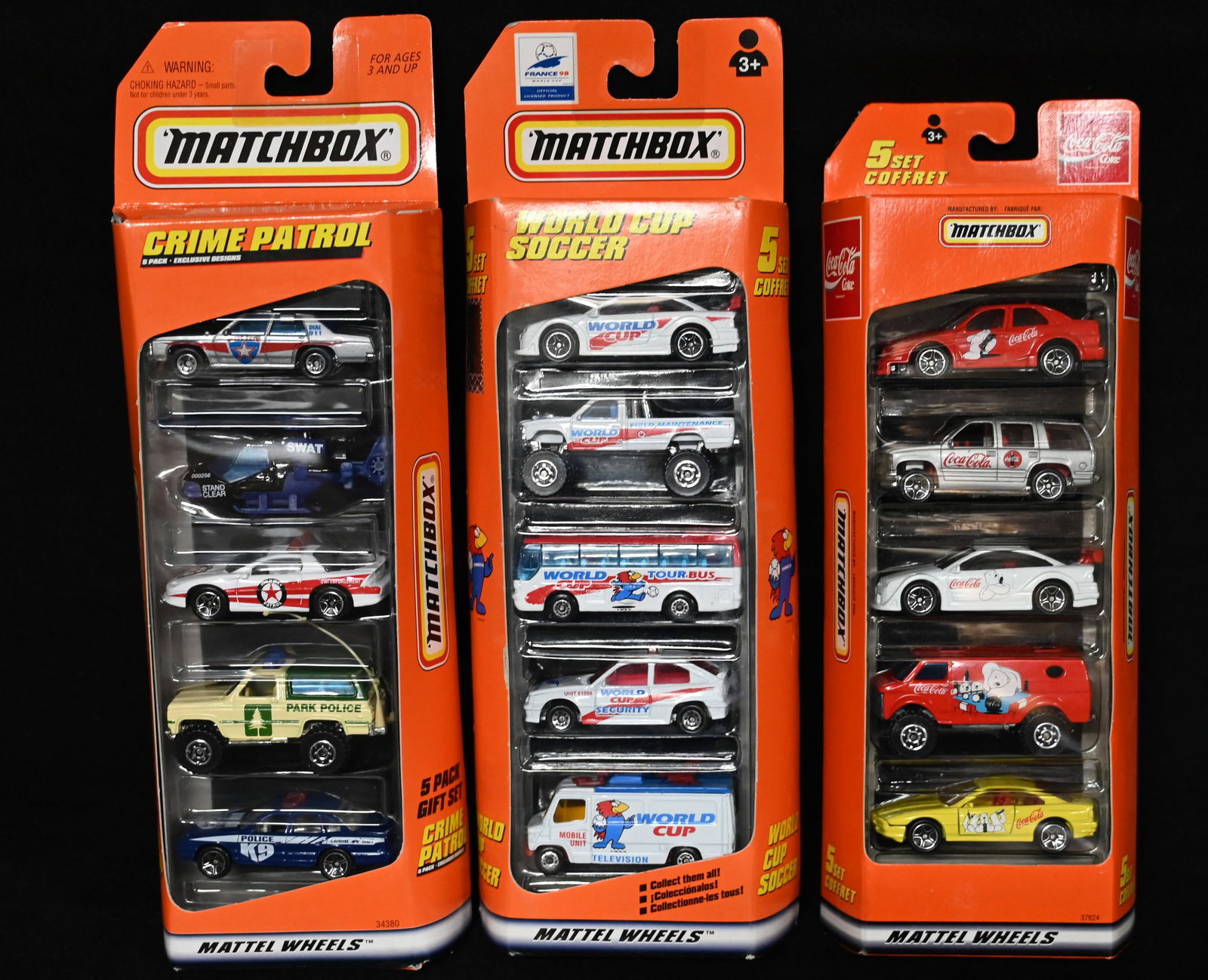 3 Matchbox 5 Pack Gift Sets World Cup Soccer, Coca Cola, Crime Patrol 1998 (1 of 2)