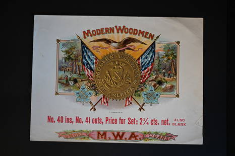 Modern Woodmen Vintage Cigar Label Stone Lithograph & Embodded Art Made by O.L. Schwencke Lith.: Modern Woodmen Vintage Cigar Label Stone Lithograph & Embodded Art Made by O.L. Schwencke Lith. N.Y. Dated 1884-1910 with a couple areas of foxing and some creases. This is an original rare and