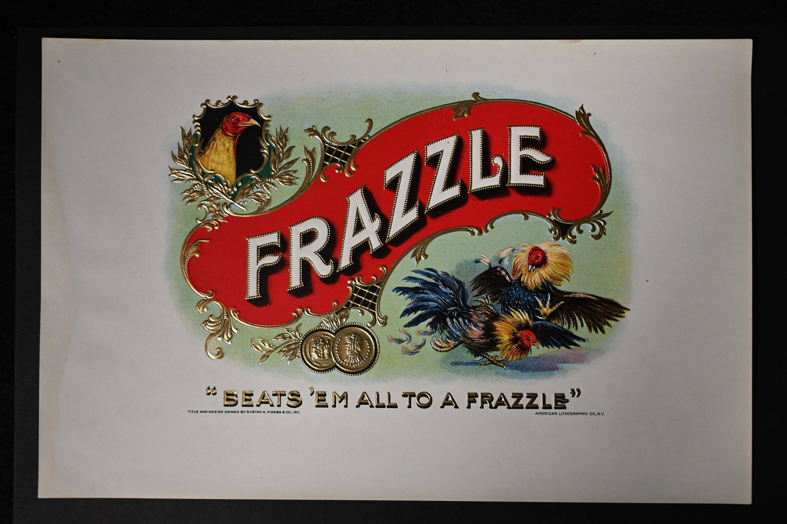Frazzle Vintage Cigar Label Stone Lithograph Art Dated from the late 1800's to early 1900's. Inner: Frazzle Vintage Cigar Label Stone Lithograph Art Dated from the late 1800's to early 1900's. Inner Label with Embossing and Gilded American Lithographic Co. N.Y. Highly collectable Ephemera that is ov