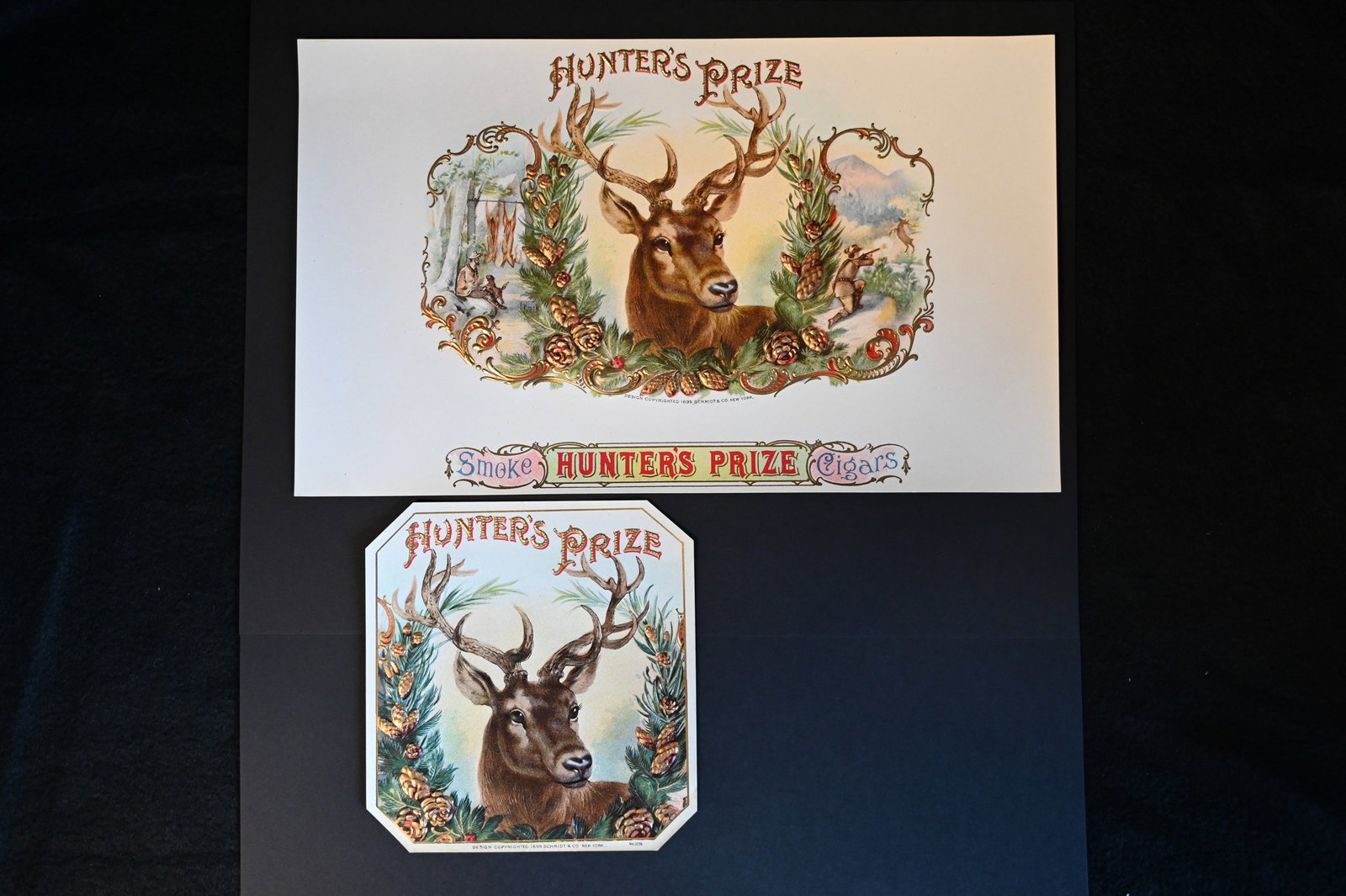 Hunter's Prize Vintage Cigar Label Stone Lithograph Art Dated from the late 1800's to early 1900's.: Hunter's Prize Vintage Cigar Label Stone Lithograph Art Dated from the late 1800's to early 1900's. Inner & Outer Label with Embossing and Gilded copyright 1899 Schmidt & Co. N.Y. Highly collectable E