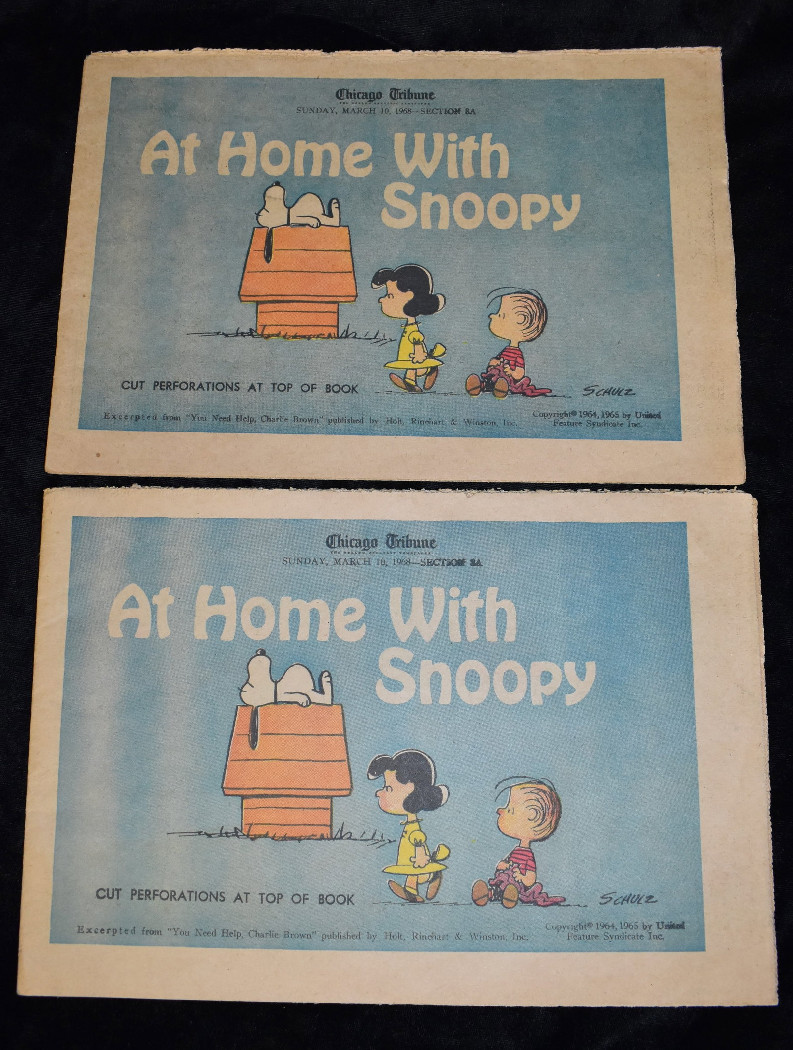 Chicago Tribune "At Home With Snoopy" 1968 Newspaper Cartoon Section: Chicago Tribune "At Home With Snoopy" 1968 Newspaper Cartoon Section. Frame worthy Peanuts Ephemera. Excellent condition for its age.