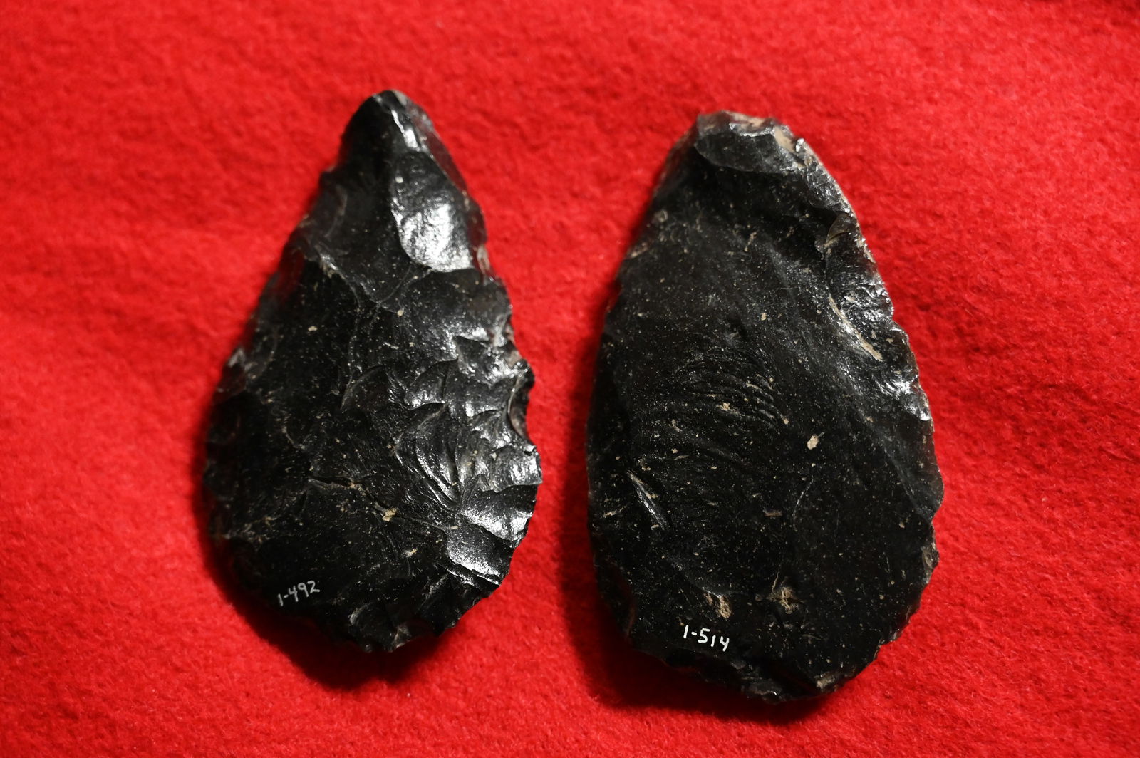 2 Obsidian Blades Longest is 3 5/8" Found by Venn Keeling in Lake Co. California on or near: 2 Obsidian Blades Longest is 3 5/8" Found by Venn Keeling in Lake Co. California on or near Bartlett Mountain in the early to mid 1900's. This collection was catalogued by Berkeley University.