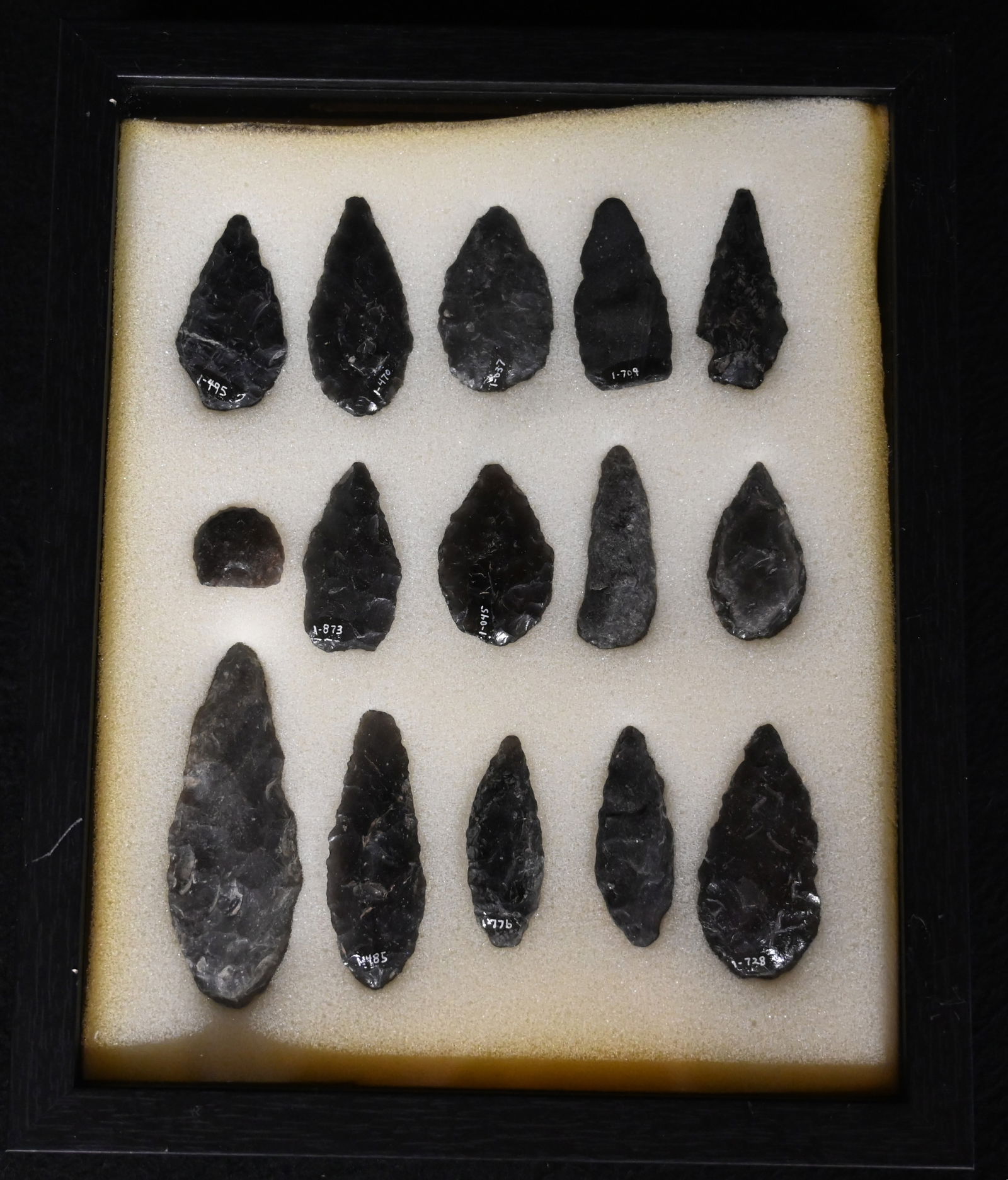 Frame of 15 Arrowheads Longest is 3 7/16"  Found by Venn Keeling in Lake Co. California on or near (1 of 5)