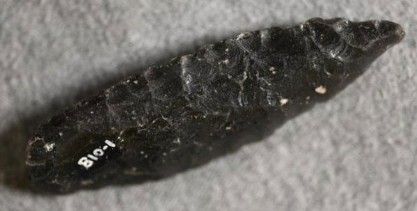 2 3/4" Obsidian Cordilleran Found by Venn Keeling in Lake Co. California on or near Bartlett: 2 3/4" Obsidian Cordilleran Found by Venn Keeling in Lake Co. California on or near Bartlett Mountain in the early to mid 1900's. This collection was catalogued by Berkeley University. Key words: Anci