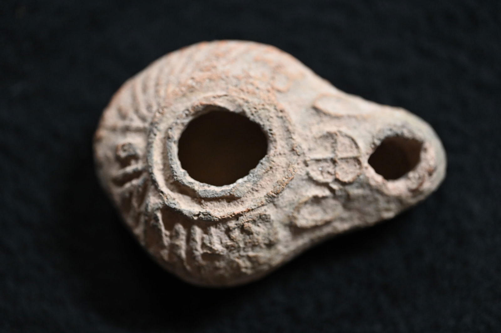 2nd-1st Century BCE Terracotta Oil Lamp measures 2 7/8" wide by 7/8" tall. (1 of 6)