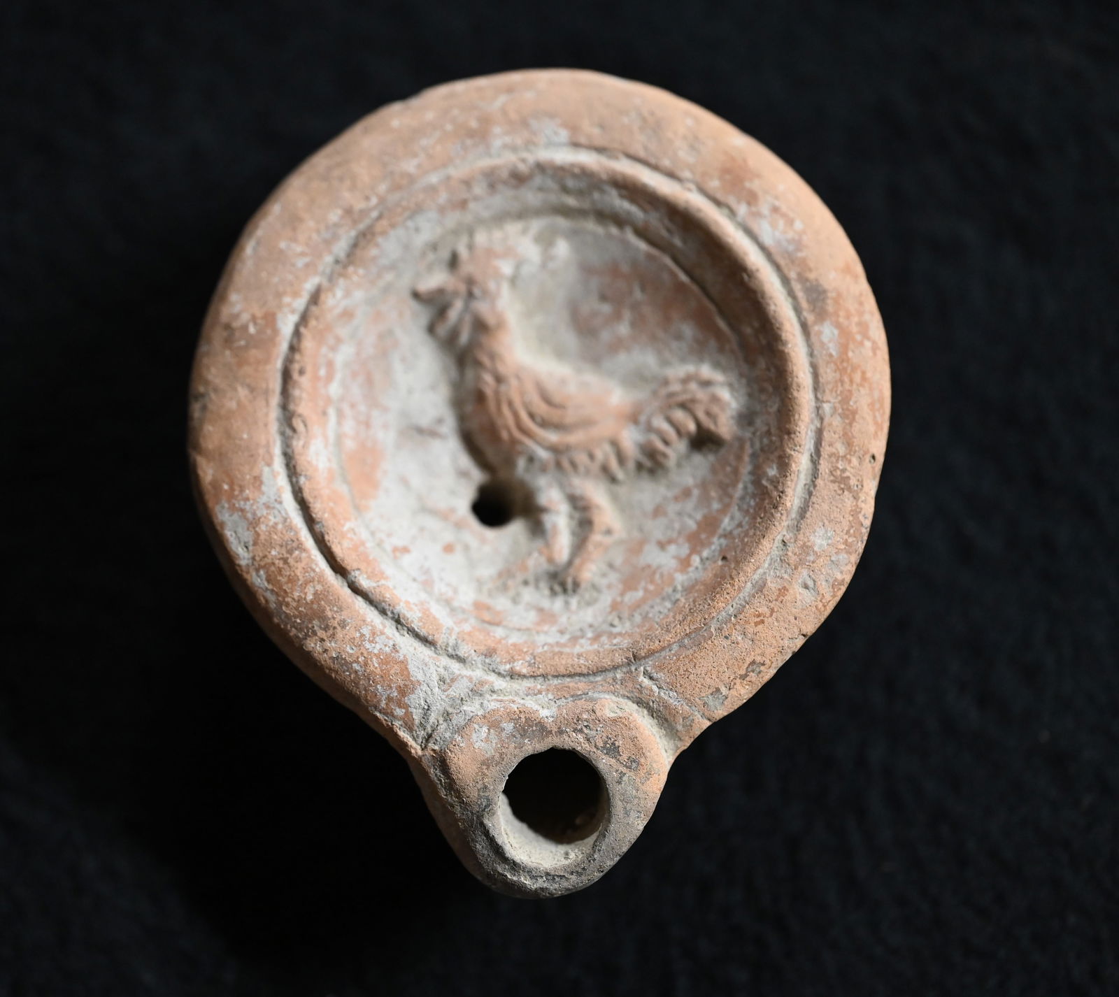 Imperial 2nd Century Roman Terracotta Oil Lamp with a figure of a Rooster.  Lamp measures 3 3/8" (1 of 7)