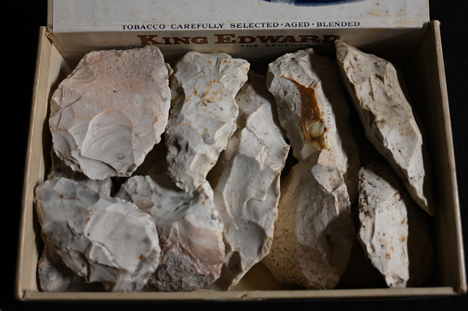Cigar Box Full of Flint Celts, Adz, Scrapers, Diggers, and Preforms Found in Ralls Co. Missouri (1 of 5)