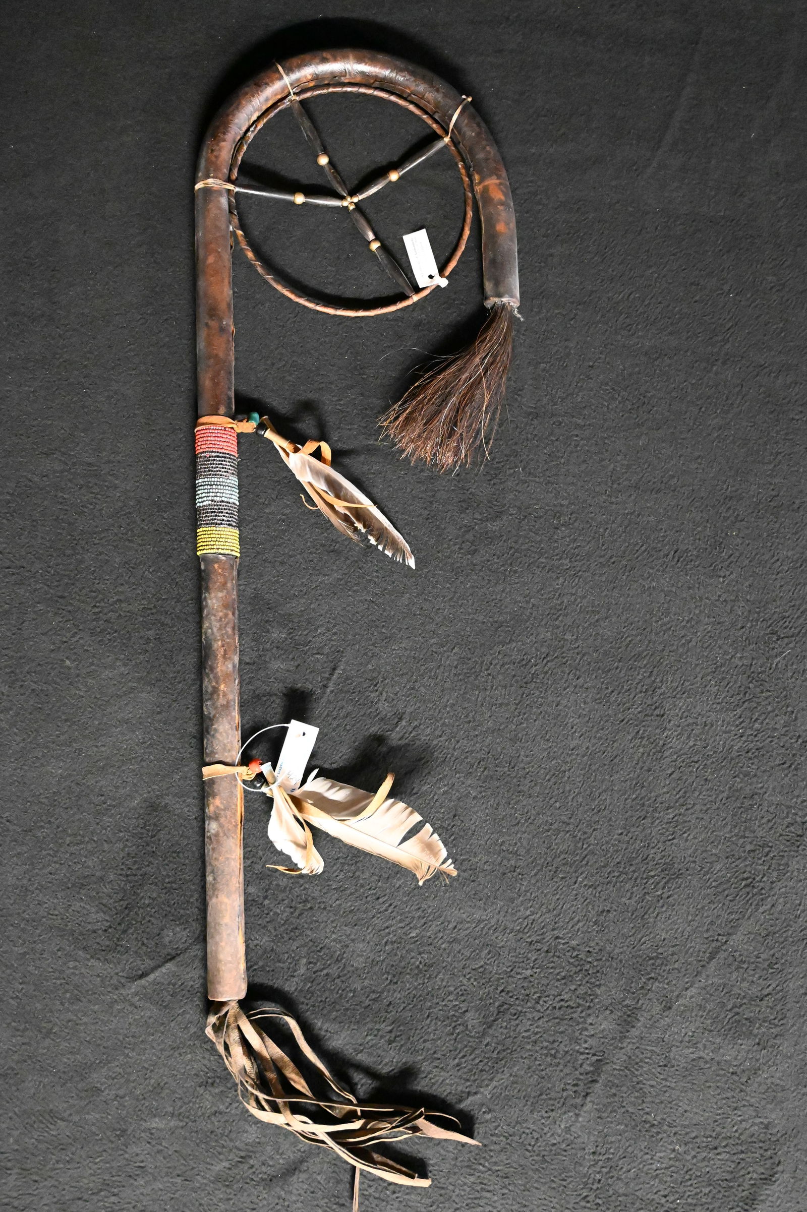 24" Medicine Dance Stick made by Carlos Longoria of The Navajo Tribe.  Leather wrapped wood handle (1 of 4)