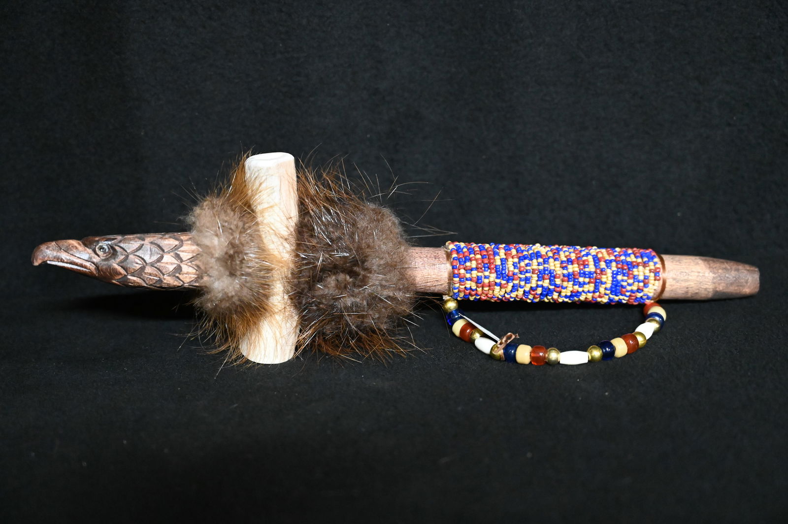 14" Hand Carved Wood Eagle Pipe with Antler Bowl, Beaded Stem And Beaded Drop.  Ex: Pride of The (1 of 6)
