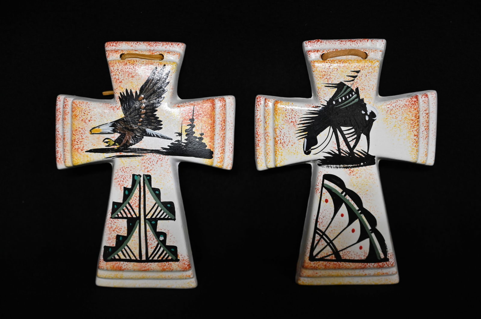 2 Hand Painted Ceramic Crosses of an Eagle and Horse.  7 inches long.  Ex: Pride of The Nations (1 of 4)
