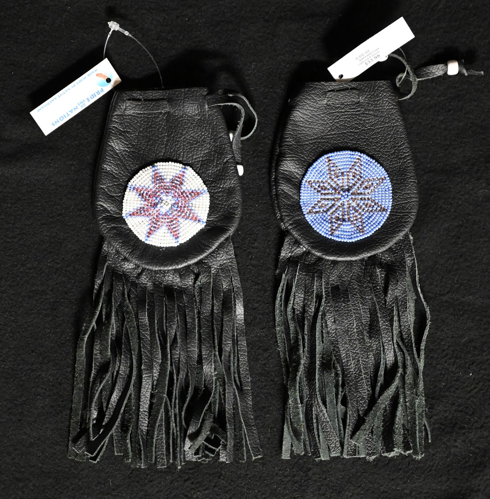 2 Black Leather Beaded Ojibwa Pouches 4 1/4" long.  Ex: Pride of The Nations Store.  The Store (1 of 4)