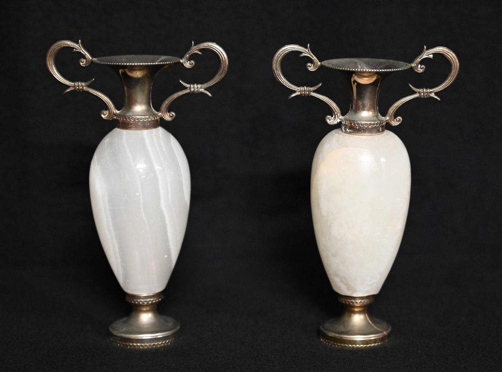 Pair of Double Handled Vases with Alabaster Center 5 3/4 inches tall.: Pair of Double Handled Vases with Alabaster Center 5 3/4 inches tall.