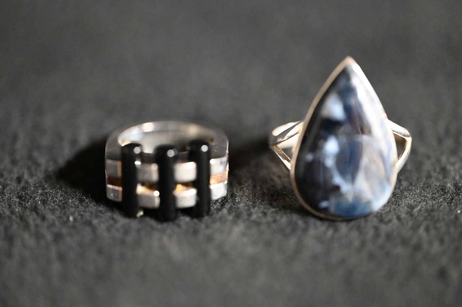 Black Onyx and Jasper .925 Silver Rings: one has black gemstone possibly Onyx the other is teardrop shaped natural Pietersite Jasper