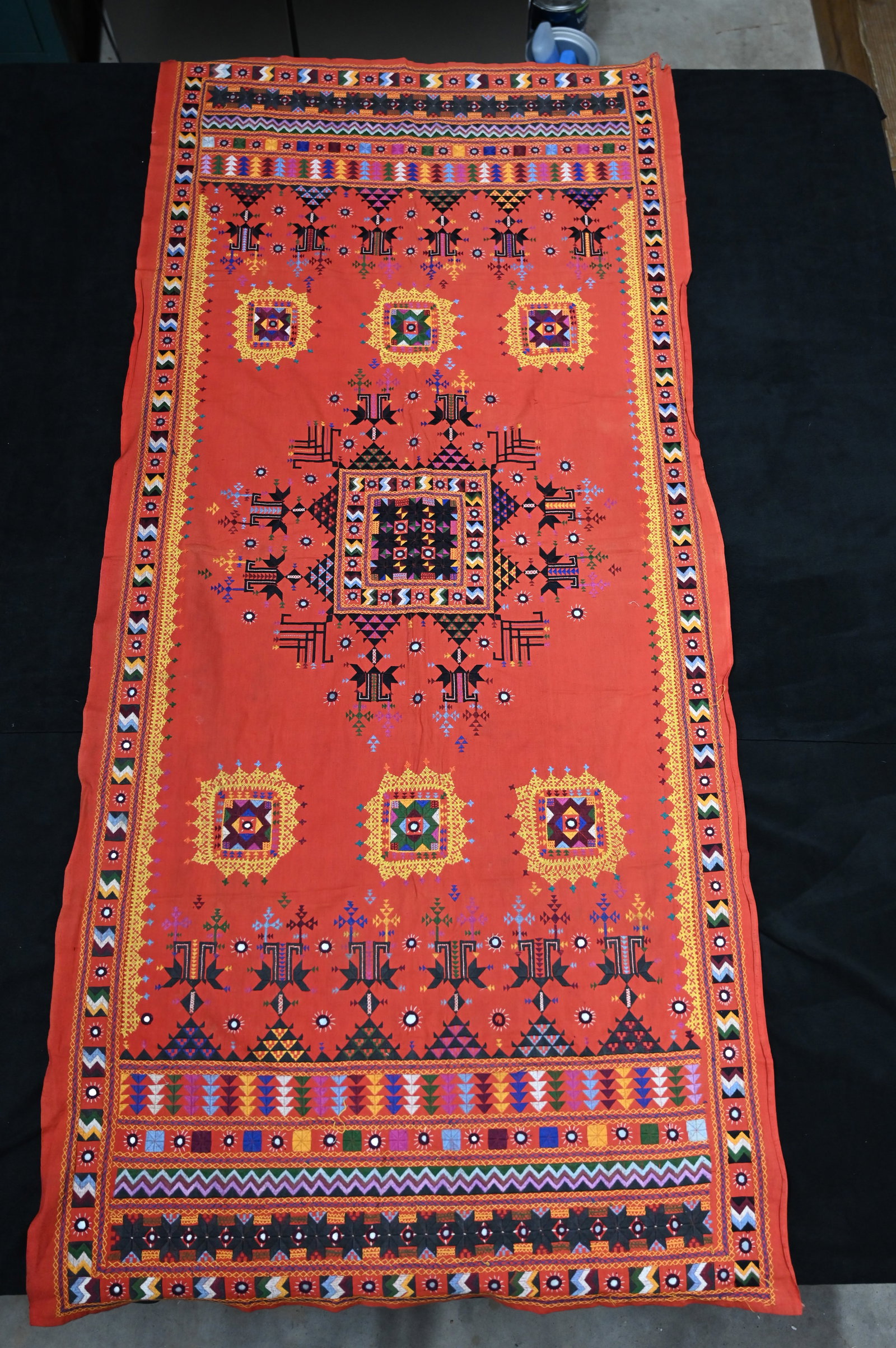 Vintage Hand Embroidered Shisha "Mirror" Cloth From India made with pieces of Mica. 33 3/4" x 72".: Vintage Hand Embroidered Shisha "Mirror" Cloth From India made with pieces of Mica. 33 3/4" x 72".
