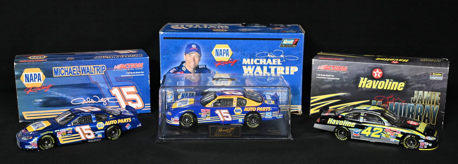 3 NASCAR 1/24 Scale Racecars includes 2001 Revell Michael Waltrip "NAPA", 2005 Action Collectibles: 3 NASCAR 1/24 Scale Racecars includes 2001 Revell Michael Waltrip "NAPA", 2005 Action Collectibles Michael Waltrip "NAPA", and 2003 Action Collectibles Jamie McMurray "Texaco Havoline". All three of t