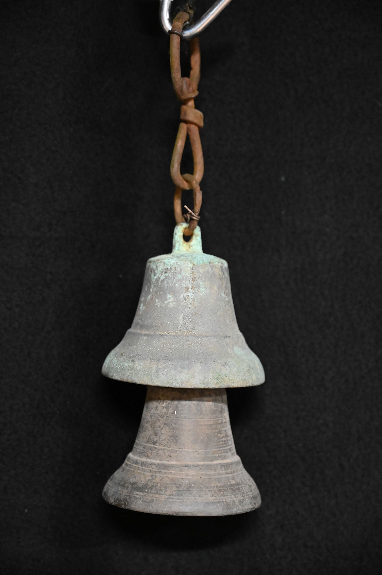 19th Century Bronze Camel Bells String of 2 Bells.  String is 7 inches long and the largest bell is (1 of 4)
