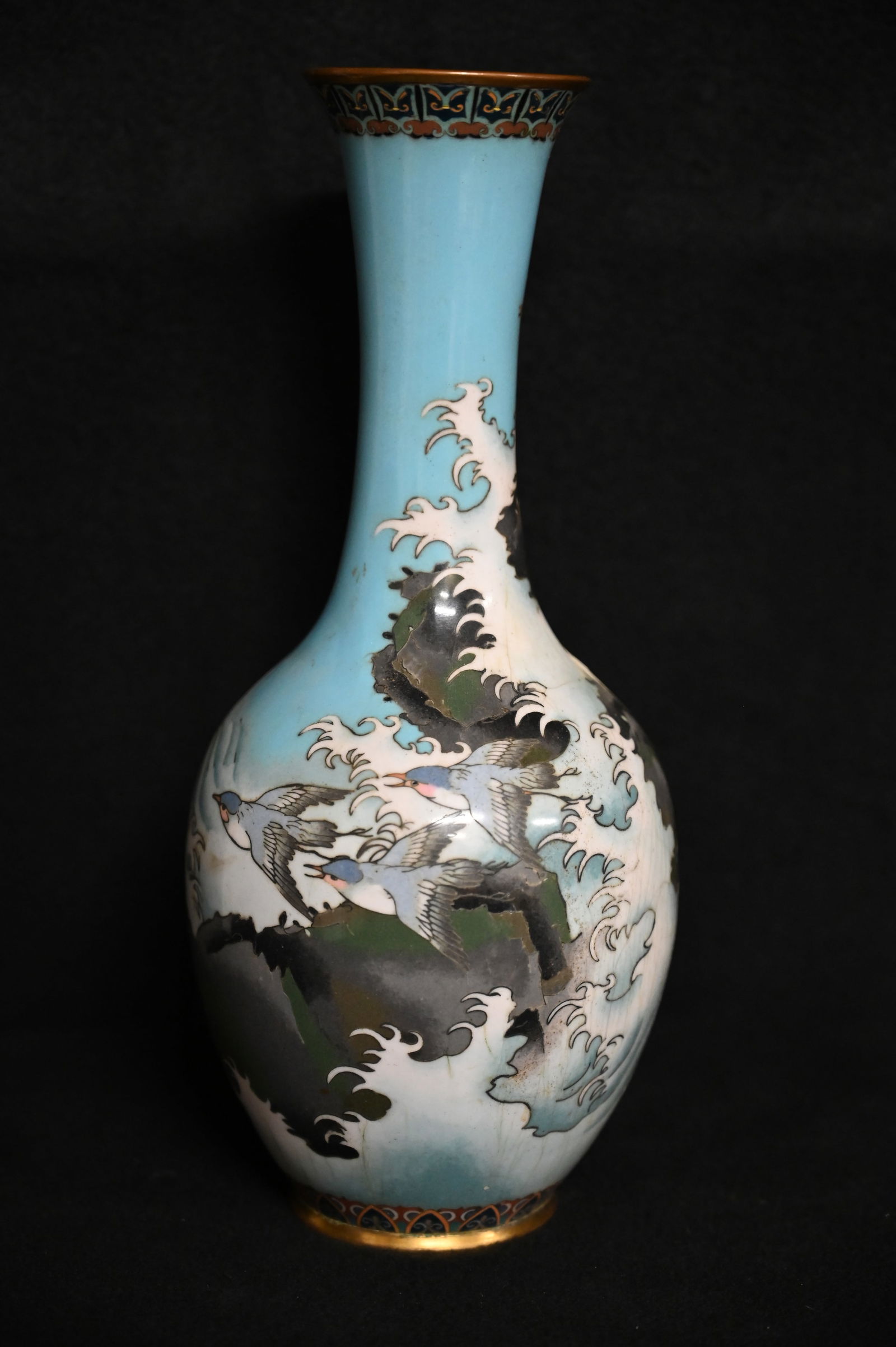 11" Cloisonne Enamel Vase Birds Flying over Water, Rocks, and Trees.  Has damage spots on one side (1 of 10)