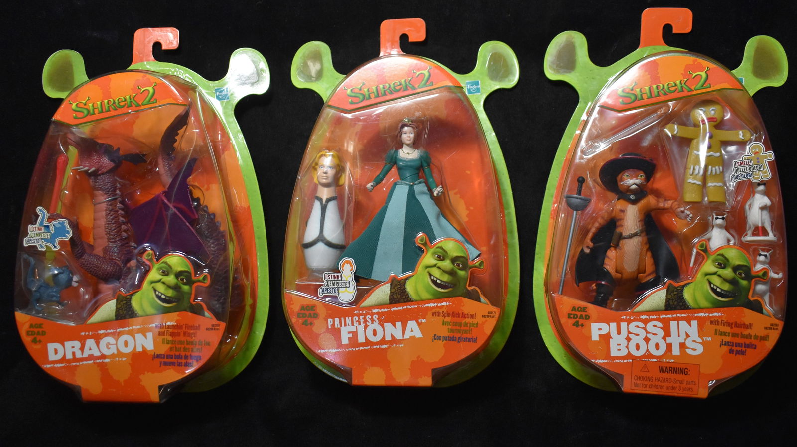 3 Shrek 2 Action Figures - Puss N Boots, Princess Fiona & Dragon NIB 2004 (1 of 8)