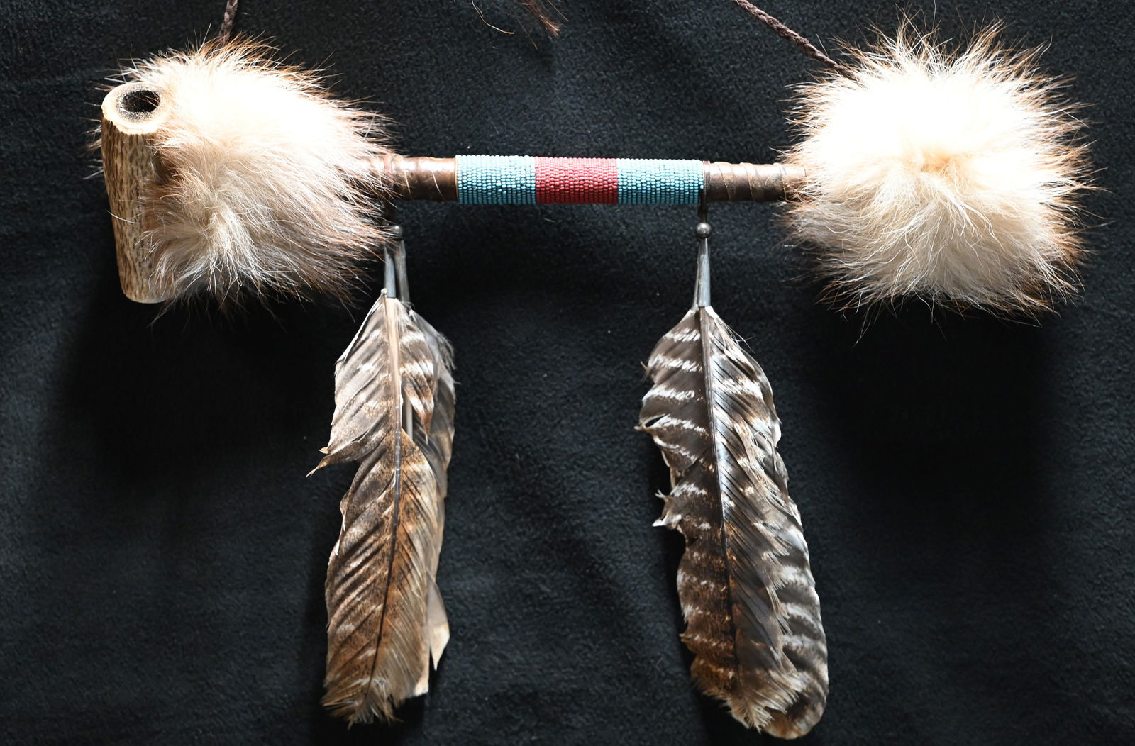 17" Native American Made Beaded Pipe with Turkey Feather Drops and Coyote Fur. Elk Antler Pipe (1 of 7)