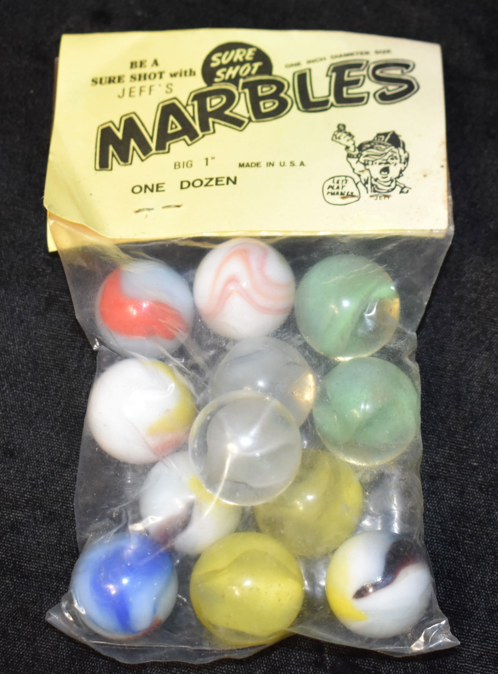 Vintage Bag of Jeff's Sure Shot Marbles - 12 Shooter 1" Marbles - 1940s or 1950s (1 of 3)