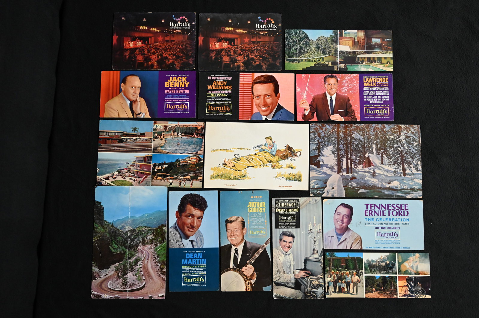 15 Large Postcards of Harrah's Casino in Tahoe Nevada.  Includes Liberace, Ernie Ford, Arthur (1 of 12)