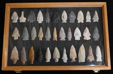 Oak Frame of 33 Arrowheads Found in The Midwest Longest is 3 3/16".  Very nice group of artifacts