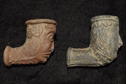 2 Pottery Face Elbow Pipes Circa 1800's 1 3/4" x 1 1/2".