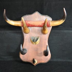 Vintage Cow Horn Hat and Coat Hanger 22 inches wide and tall.