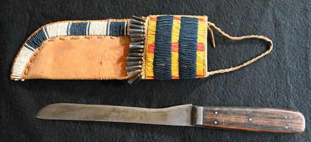 Knife with Quilled Beaded Leather Cone Sheath.  Sheath is 11 1/4' Knife is 14 1/2".