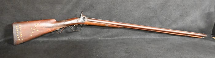 M.M. Maslin Double Barrel Tacked Muzzle Loader Shotgun Circa early 1800's Measures 49 inches long.