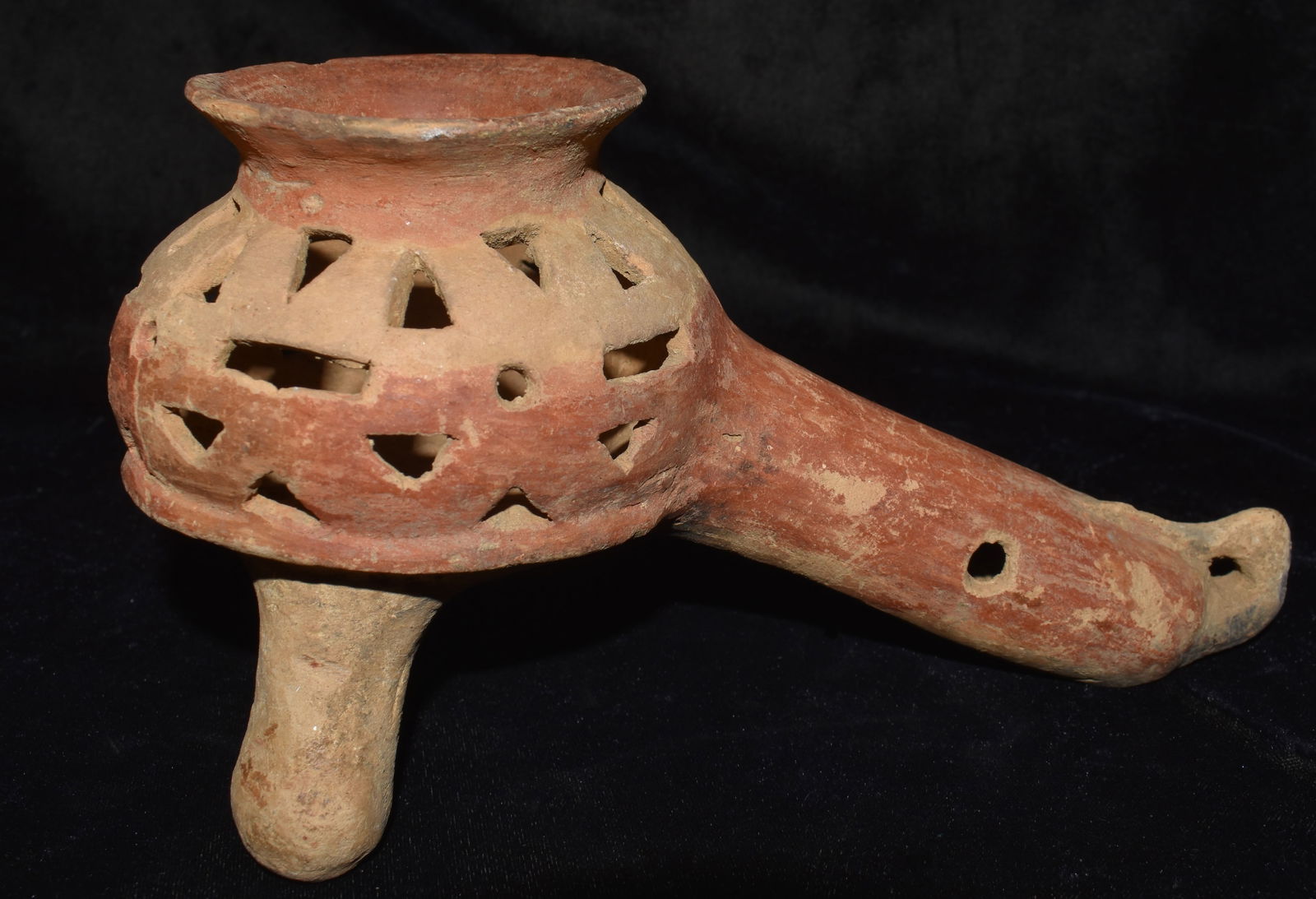 Pre-Columbian Aztec Incised Redware Rattle Censer - Incense Burner 1300 to 1500 CE (1 of 15)