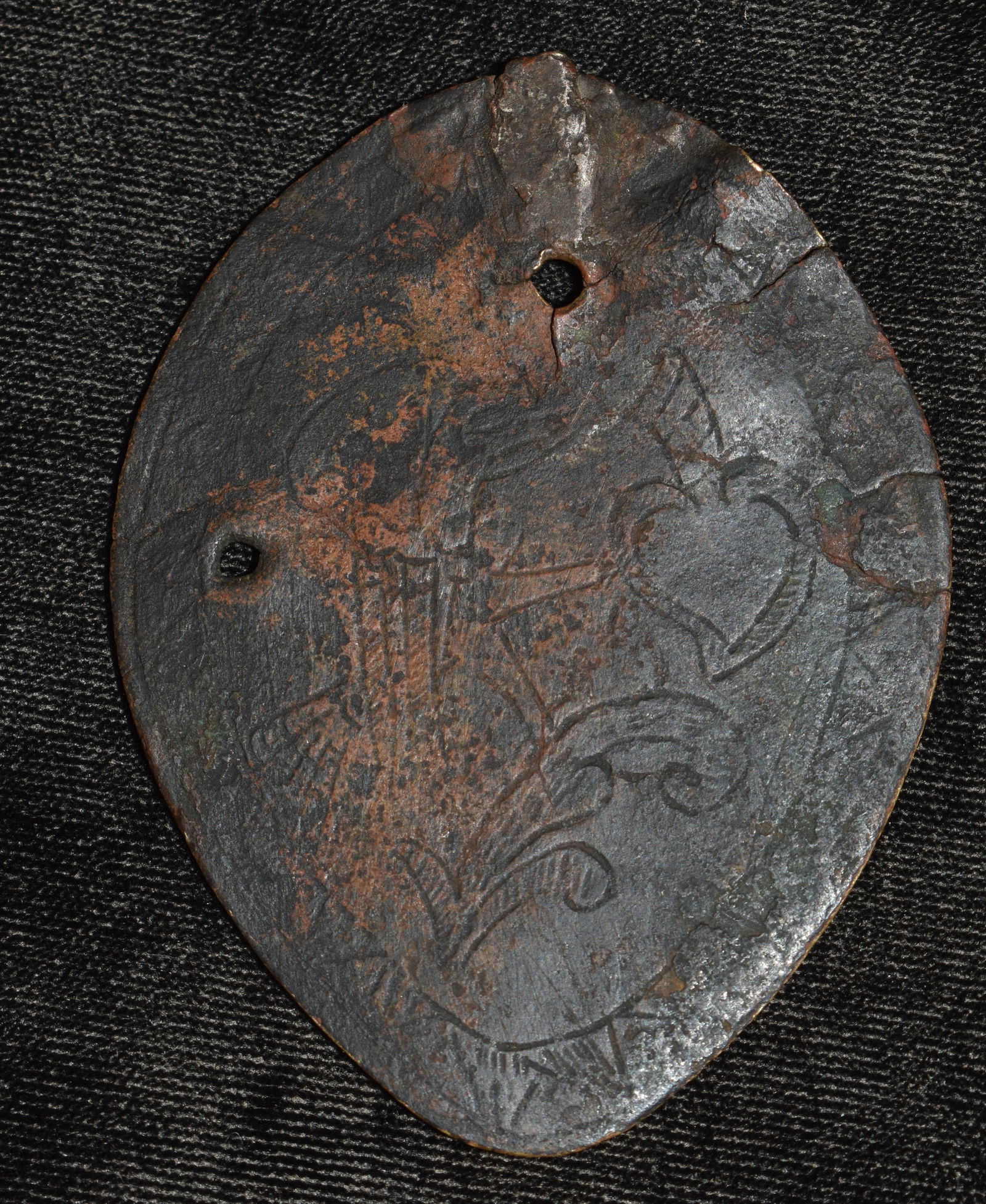 Incan Engraved Copper Pendant of Pachamama - Inca God of Nature: Incan Engraved Copper Pendant Pachamama. Likely pre-Columbian this medallion exhibits heavy patination. If we had cleaned it the details of this piece would have displayed much more detailed. The engr