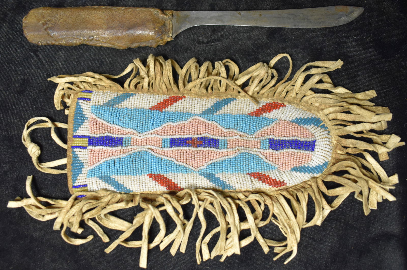 Crow Indian Beaded Knife Sheath w/ Old Hide and Sinew Handled Knife (1 of 9)