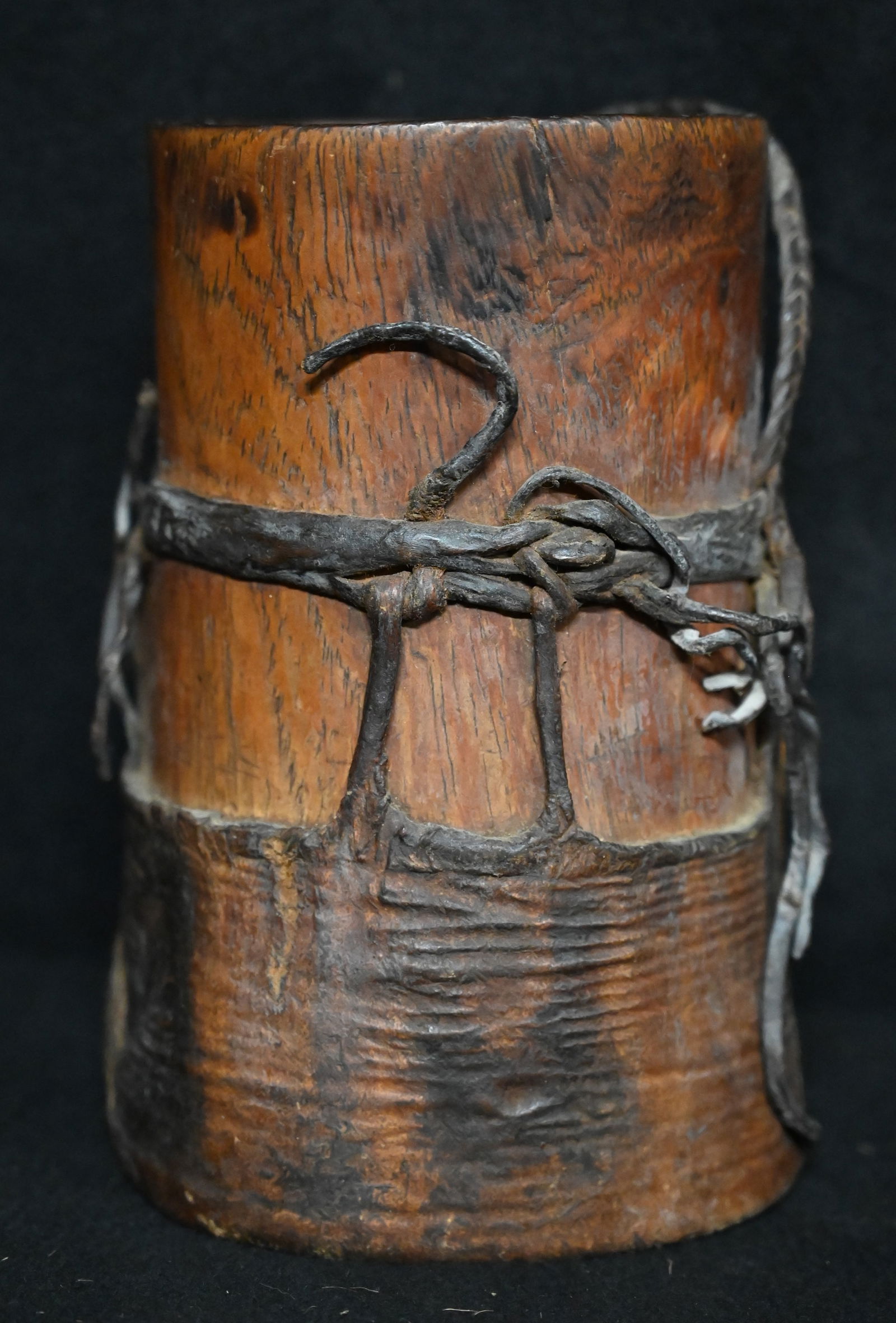 Hand Carved Wood and Leather Wrapped Pitcher with Old Purple Glass Insert.  Stands 7 3/4" Tall and 5 (1 of 8)