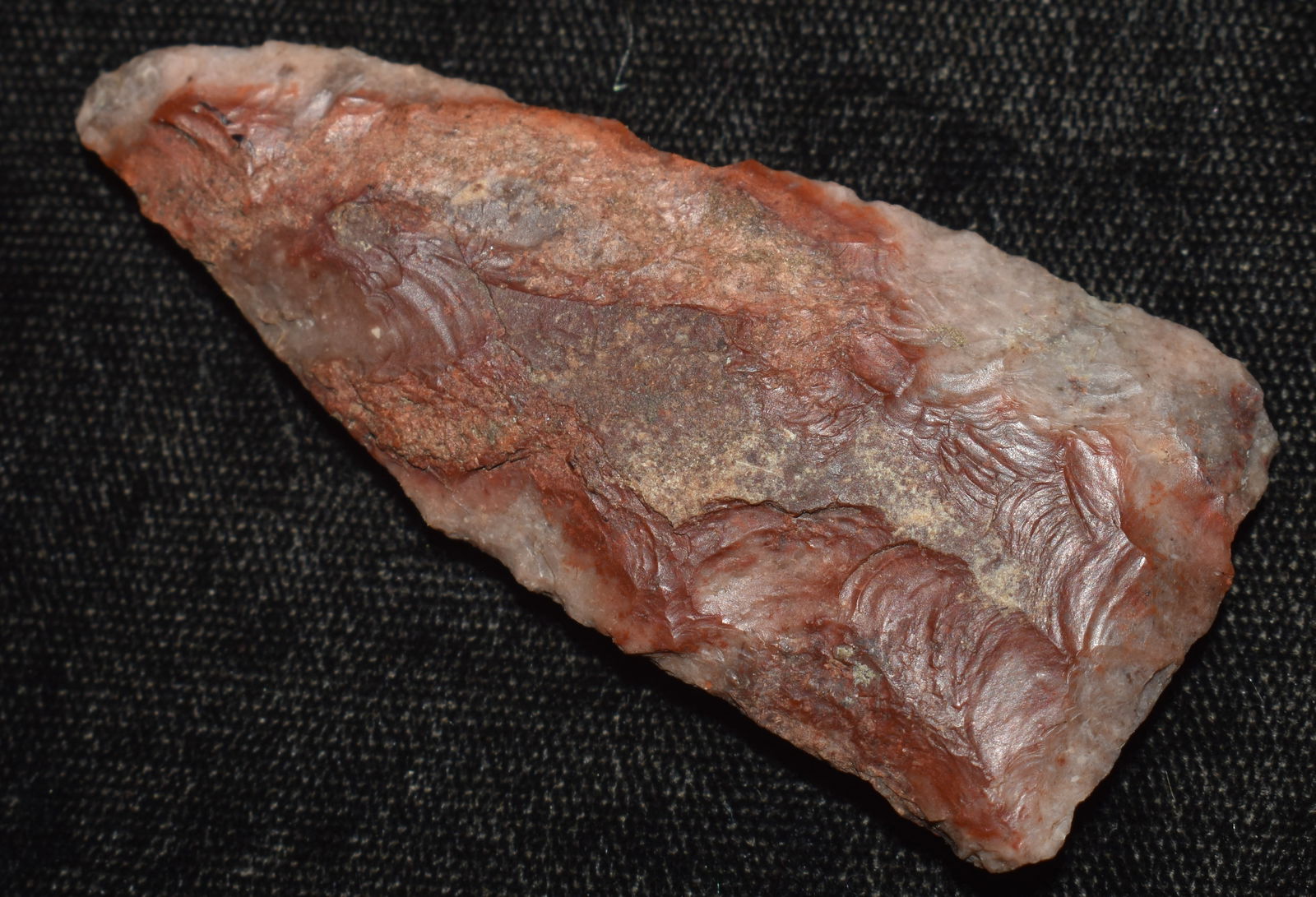 2 1/2" Colorful Steuben found in Cooper County, Missouri: 2 1/2" Colorful Steuben found in Cooper County, Missouri. Material is creek patinaed Marshal Chert. Ex James Bond Collection Key words: Ancient, Prehistoric Native American Indian Artifacts, Arrowhead