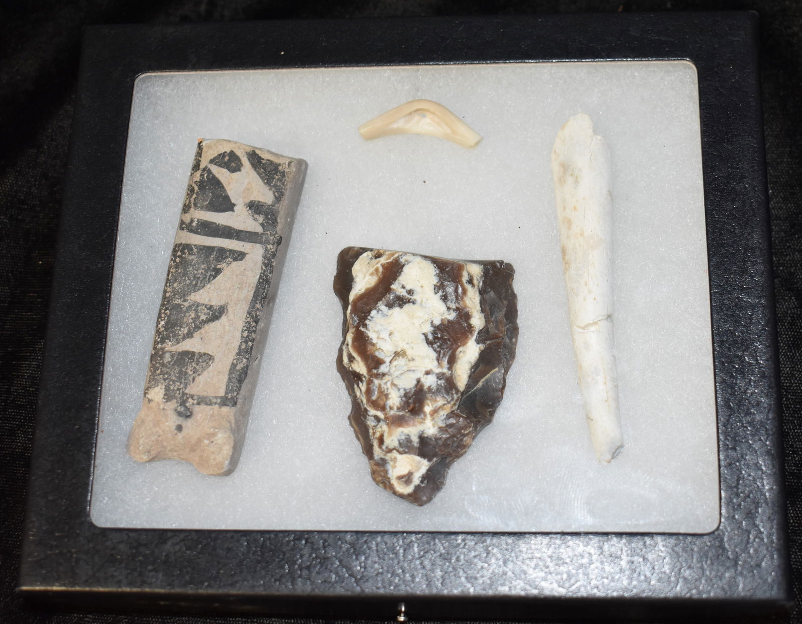 5" x 6" Frame with Anasazi Pottery Ladel Piece, Bead, Pipe Stem, and Rare Material Arrowhead. (1 of 3)