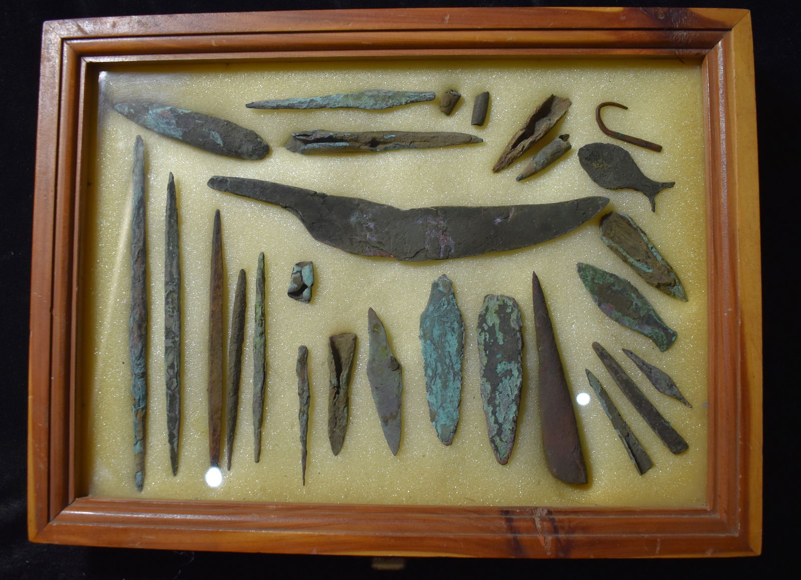 Nicely Framed Pre-Historic Copper Culture Artifact Assemblage found in Wisconsin: Nicely Framed Old Copper Culture Artifact Assemblage from the Late John Grodey Collection found in North to Eastern Wisconsin. In his younger years John lived in Wisconsin and put this frame of prehis