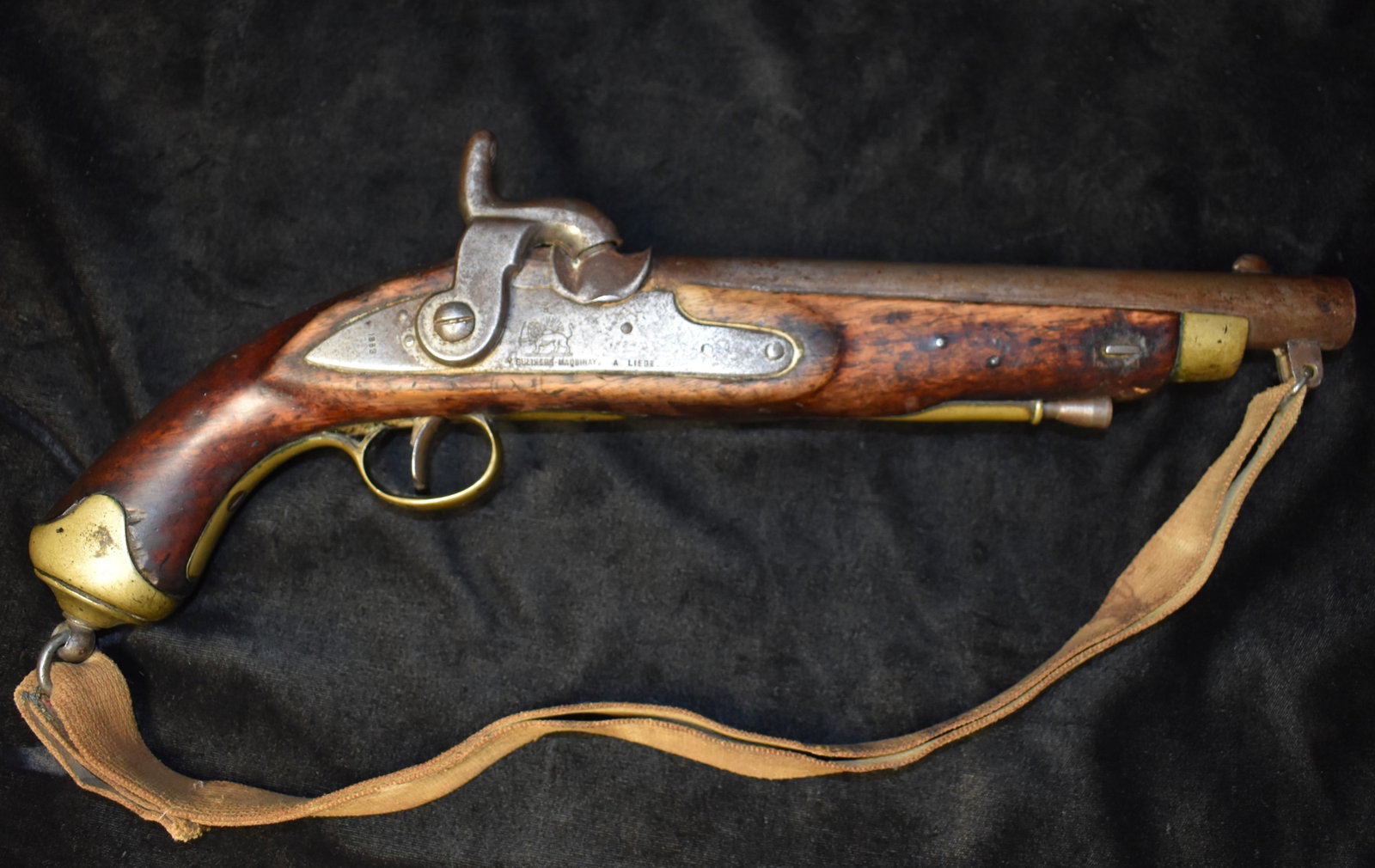 1868 Belgian V. Gulikers-Maquinay Liege Military Percussion Flintlock Pistol: Belgian V. Gulikers Maquinay Liege Military Percussion Flintlock Pistol, dated 1868 on the rear of the lock plate, 9” iron barrel of approx 60 caliber. This style of large, rather heavy handgun,