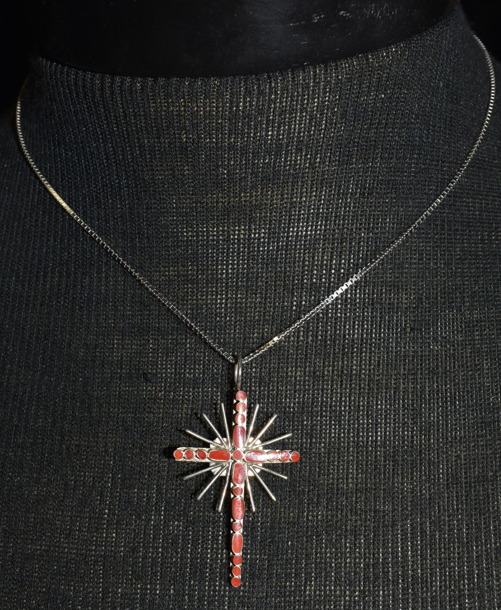 Zuni Sterling Silver & Coral Pendant w/ Necklace signed R. H. W. (1 of 5)
