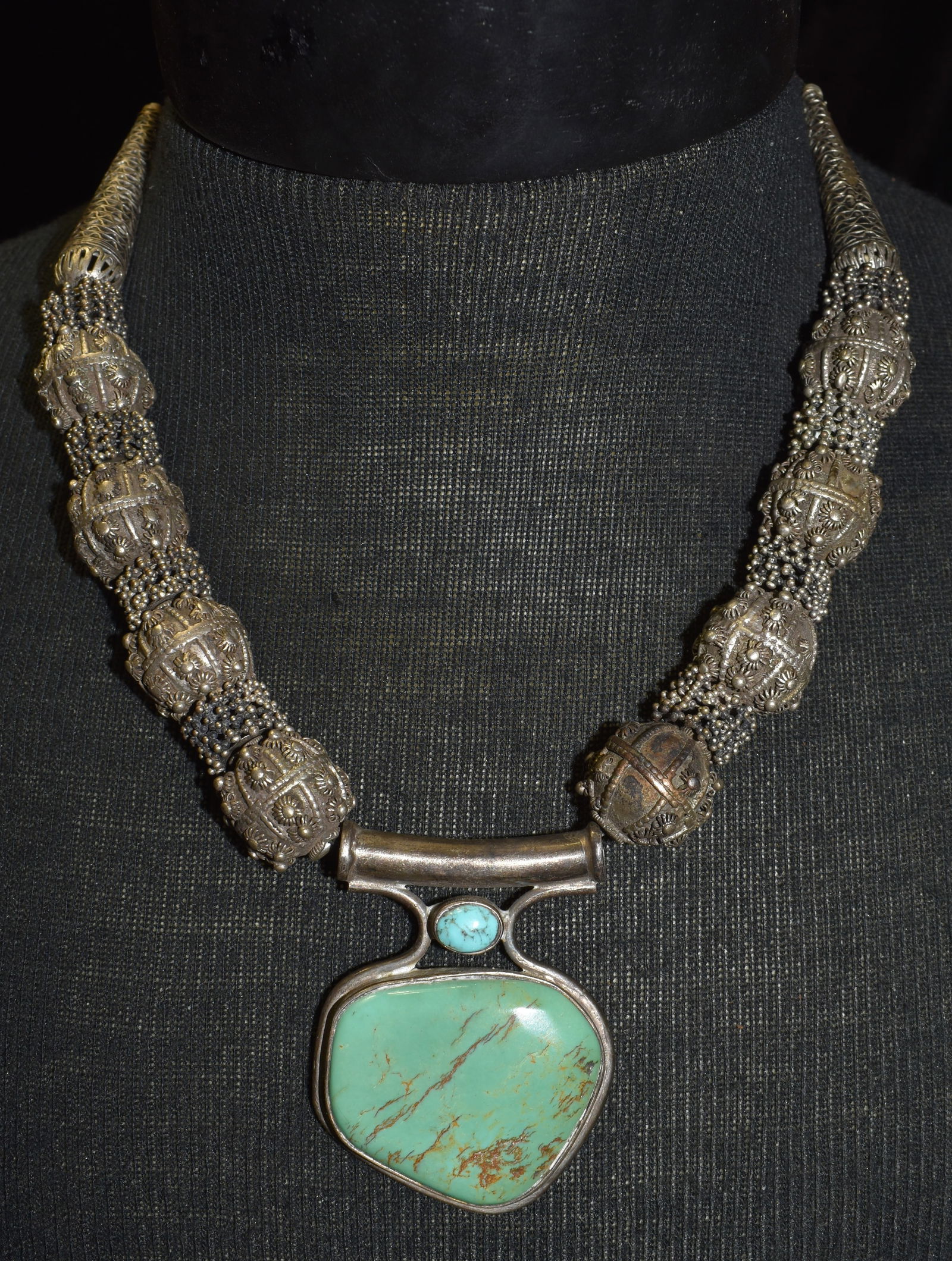 Large Turquoise Necklace with Silver Hand Crafted Berber Beads - Over 100 yrs old (1 of 10)