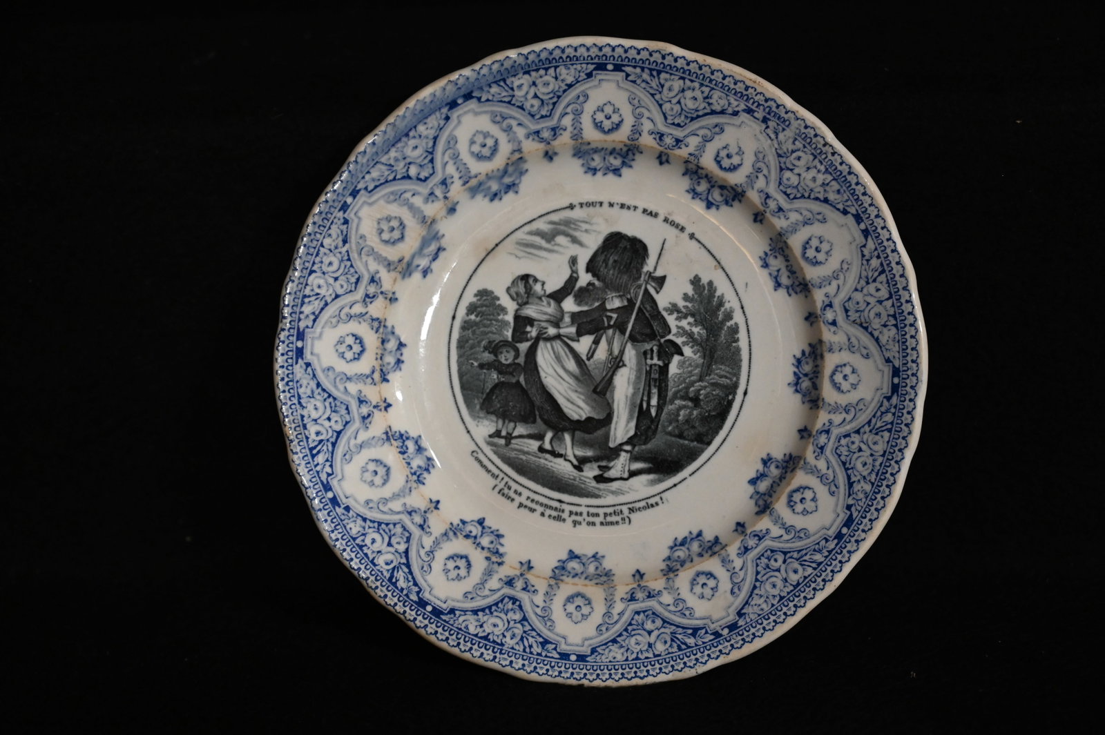 French Revolution Plate Circa 1790's. Showing a soldier roughly handling a woman civilian with: French Revolution Plate Circa 1790's. Showing a soldier roughly handling a woman civilian with child nearby. Marked on the back in French.