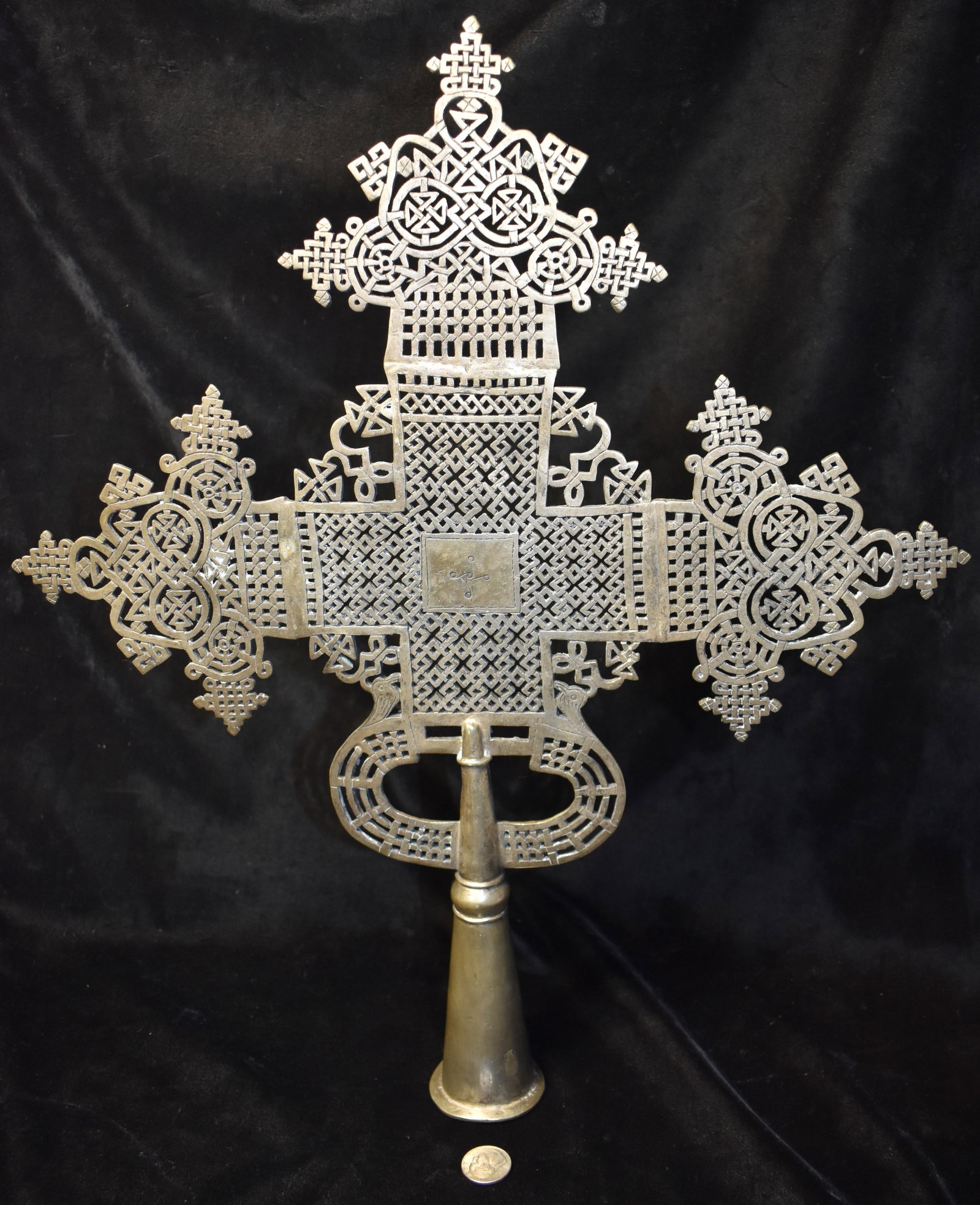 MASSIVE 19th Century Silver Old Ethiopian Processional Coptic Cross - 20" and 3 pound 8 ounce: Massive! 865 Silver Old Ethiopian Coptic Cross 3 pound 8 ounce. Ethiopians used to melt their currency to make these crosses and the percent silver in the coins was The Coptic crosses, deeply revered 