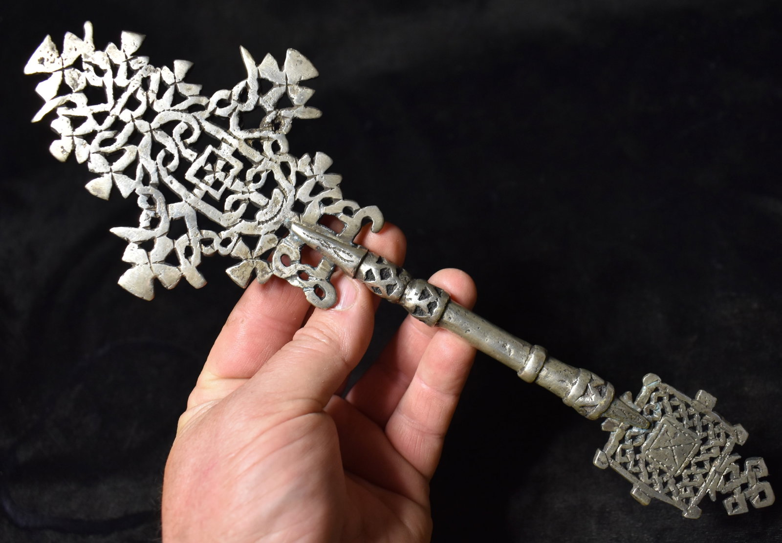 19th Century Silver Old Ethiopian Hand Held Processional Coptic Cross - 11": 19th Century Silver Old Ethiopian Hand Held Processional Coptic Cross. Excellent condition. Dwarfed by the previous lot this is still a nice sized Coptic Cross measuring over 11" tall and weighing 8 5