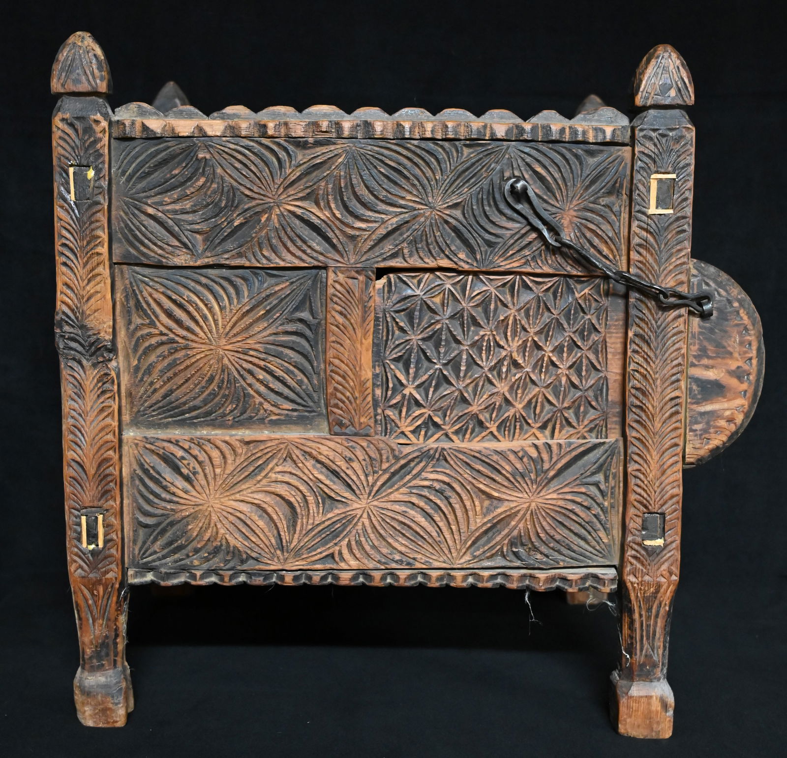 Turkmen Dowry Chest Hand Carved Wood with 1 sliding door lockable with the Blacksmith made chain and (1 of 12)