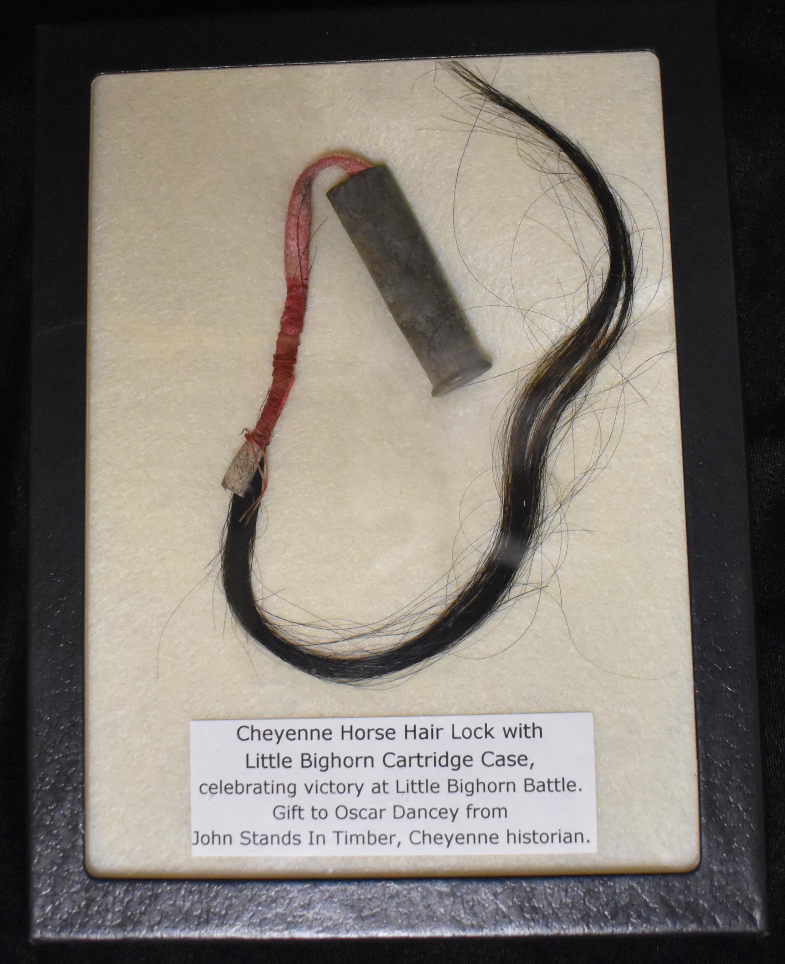 Cheyenne Horse Hair Lock w/ Little Bighorn Cartridge Case: Cheyenne Horse Hair Lock w/ Little Bighorn Cartridge Case, celebrating the victory at Little Big Horn Battle. This was a gift to Oscar Dancey from John Stands in Timber, Cheyenne Historian. Comes in a