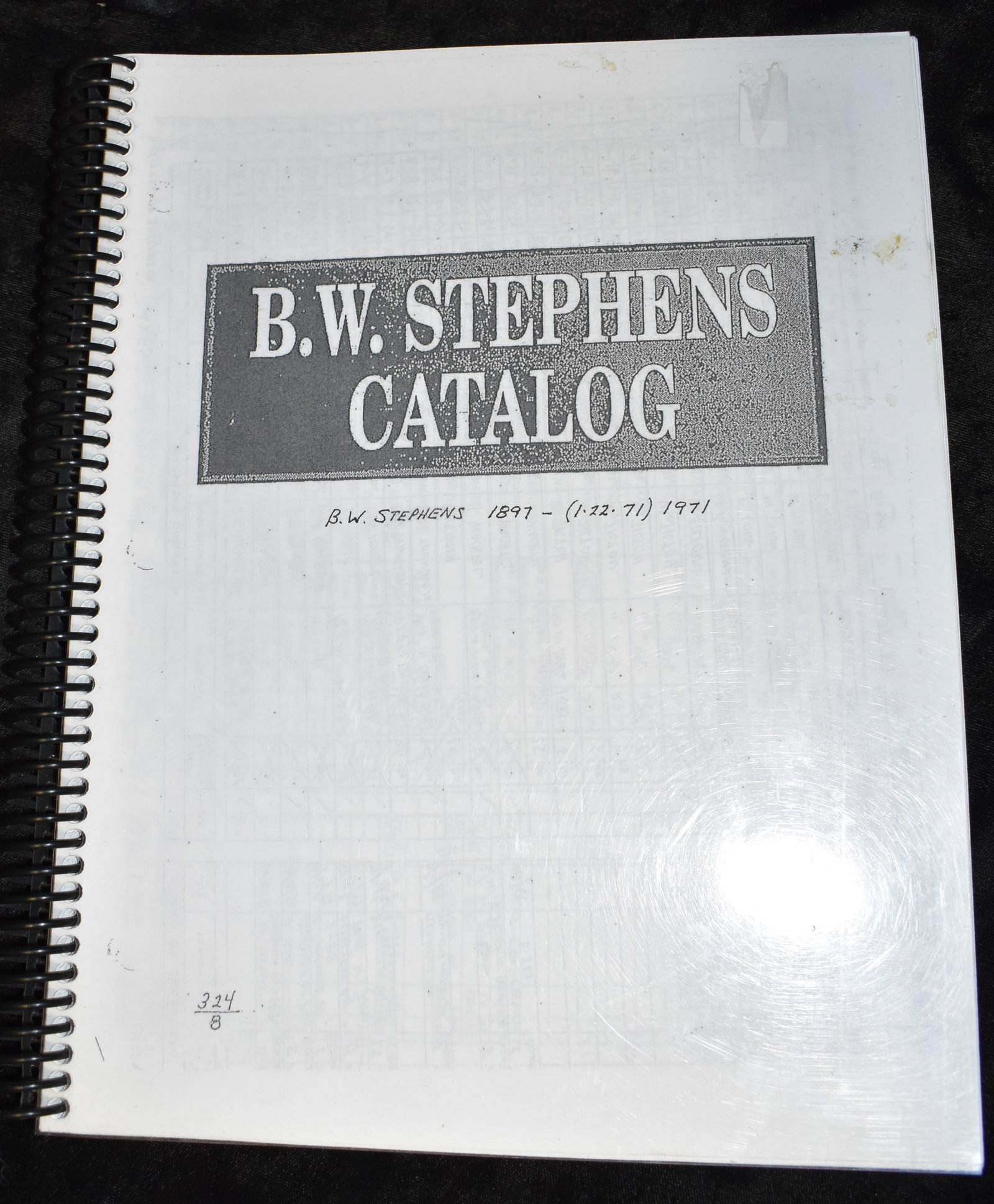 Copy of B.W. Stephens Catalog 1897-1971: Copy of B.W. Stephens Catalog. Considered one of the biggest collectors of artifacts in Illinois over the past century this book is a record kept by B.W. Stephens of what he bought, how much he paid a