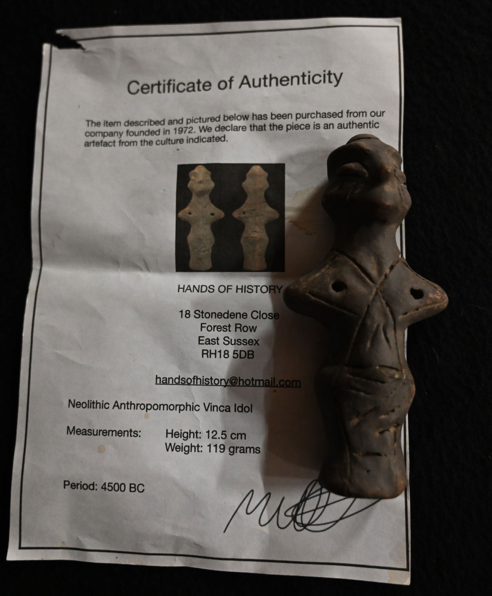 4 15/16" Anthropomorphic Vinca Idol Modern Made with Hands of History Certificate of Authenticity (1 of 6)