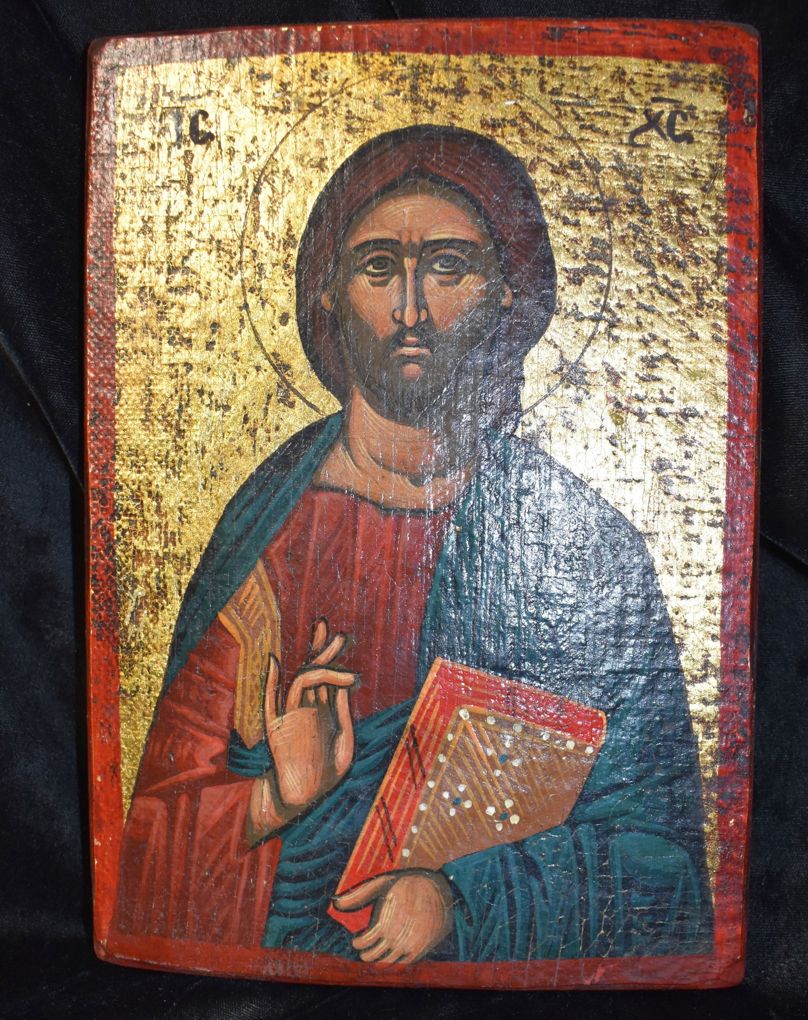 Hand Painted Byzantine Icon of Jesus Christ: Byzantine Icon hand painted on a 7/8" wood plank. Made in accordance with the old recipe as stated by the canon of the religion. Made with egg tempera, gold leaf or gilt on a solid wood panel. Made fr