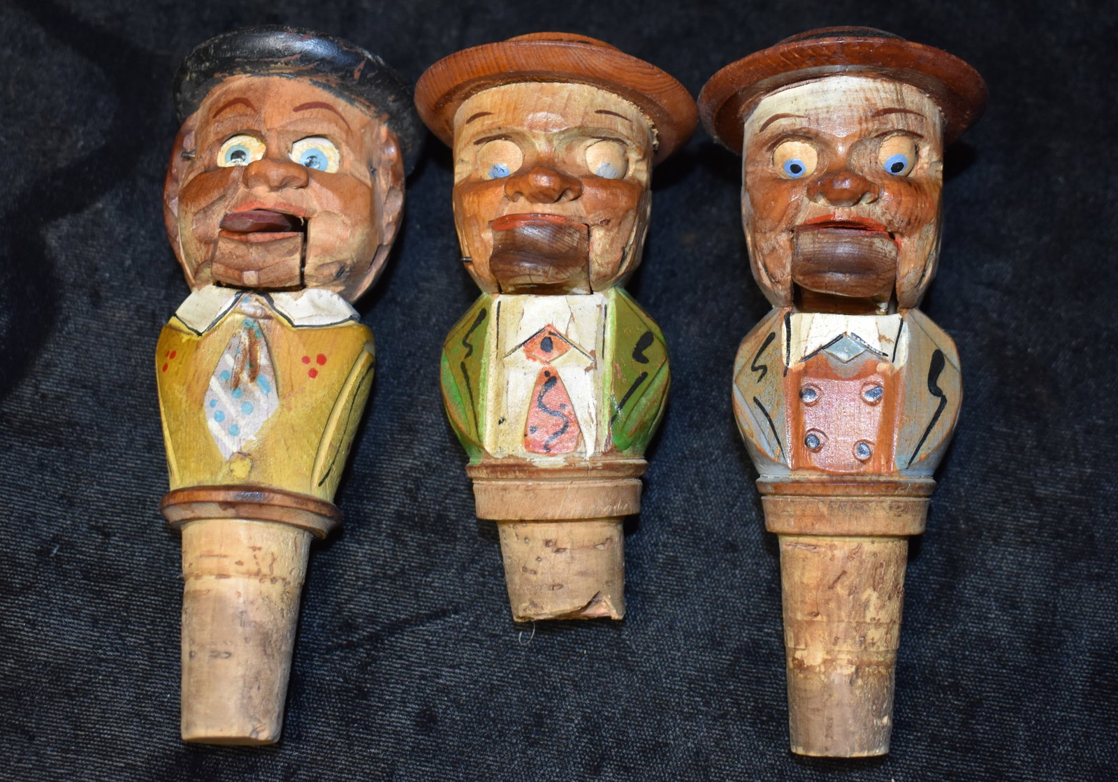 3 Vintage Black Forest Mechanical Puppet Character Wine Corks: 3 Black Forest Mechanical Puppet Character Wine Corks. Black Forest cork puppets are traditionally made in the Black Forest region, known as Schwarzwald in German. These items not only serve as functi