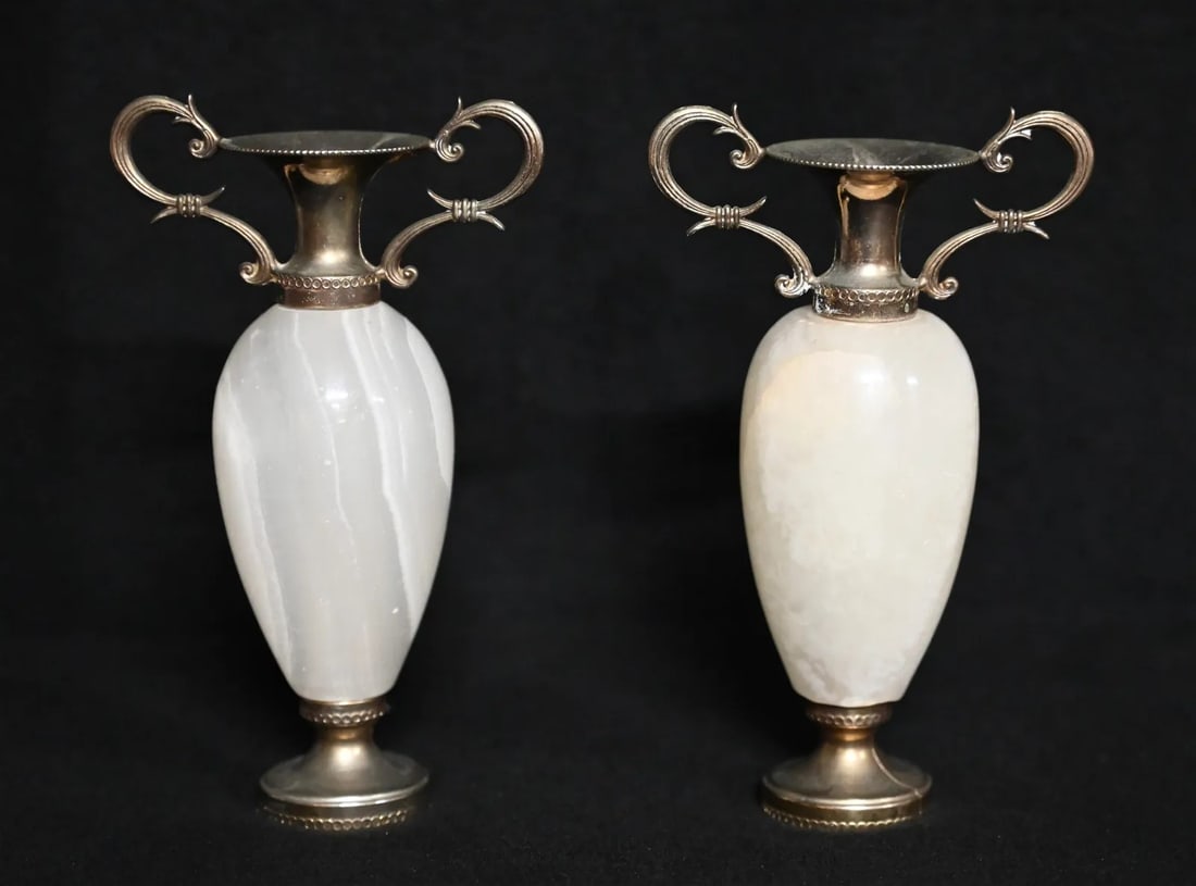 Pair of Double Handled Vases with Alabaster Center 5 3/4 inches tall.: Pair of Double Handled Vases with Alabaster Center 5 3/4 inches tall.